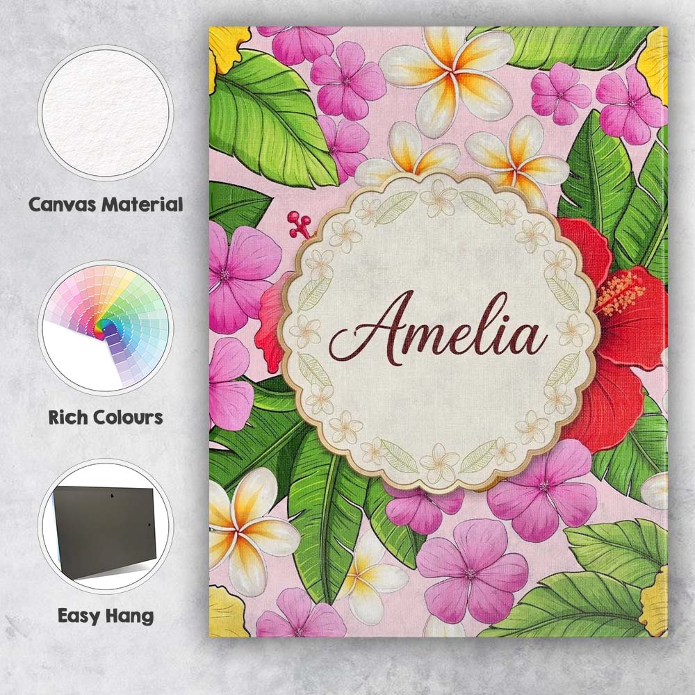 Personalised Name Tropical Hibiscus Flowers Custom  Bespoke Interior Contemporary Canvas Wall Art Print Decor Picture Ready to Hang