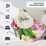 Tropical Hibiscus Flowers Soft Pink Background Plumeria Leaves  Personalised Custom Name Super Soft Fleece Blanket Bed Sofa Throw