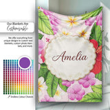 Tropical Hibiscus Flowers Soft Pink Background Plumeria Leaves  Personalised Custom Name Super Soft Fleece Blanket Bed Sofa Throw