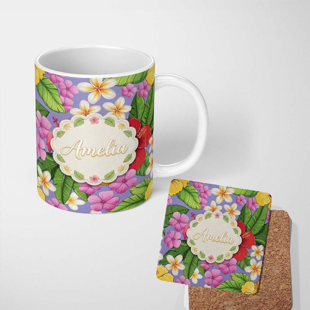 Personalized Custom Name Tropical Hibiscus Flowers Purple Background Plumeria Leaves 11oz Ceramic Coffee Tea Mug White Large Handle