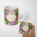 Personalized Custom Name Tropical Hibiscus Flowers Purple Background Plumeria Leaves 11oz Ceramic Coffee Tea Mug White Large Handle