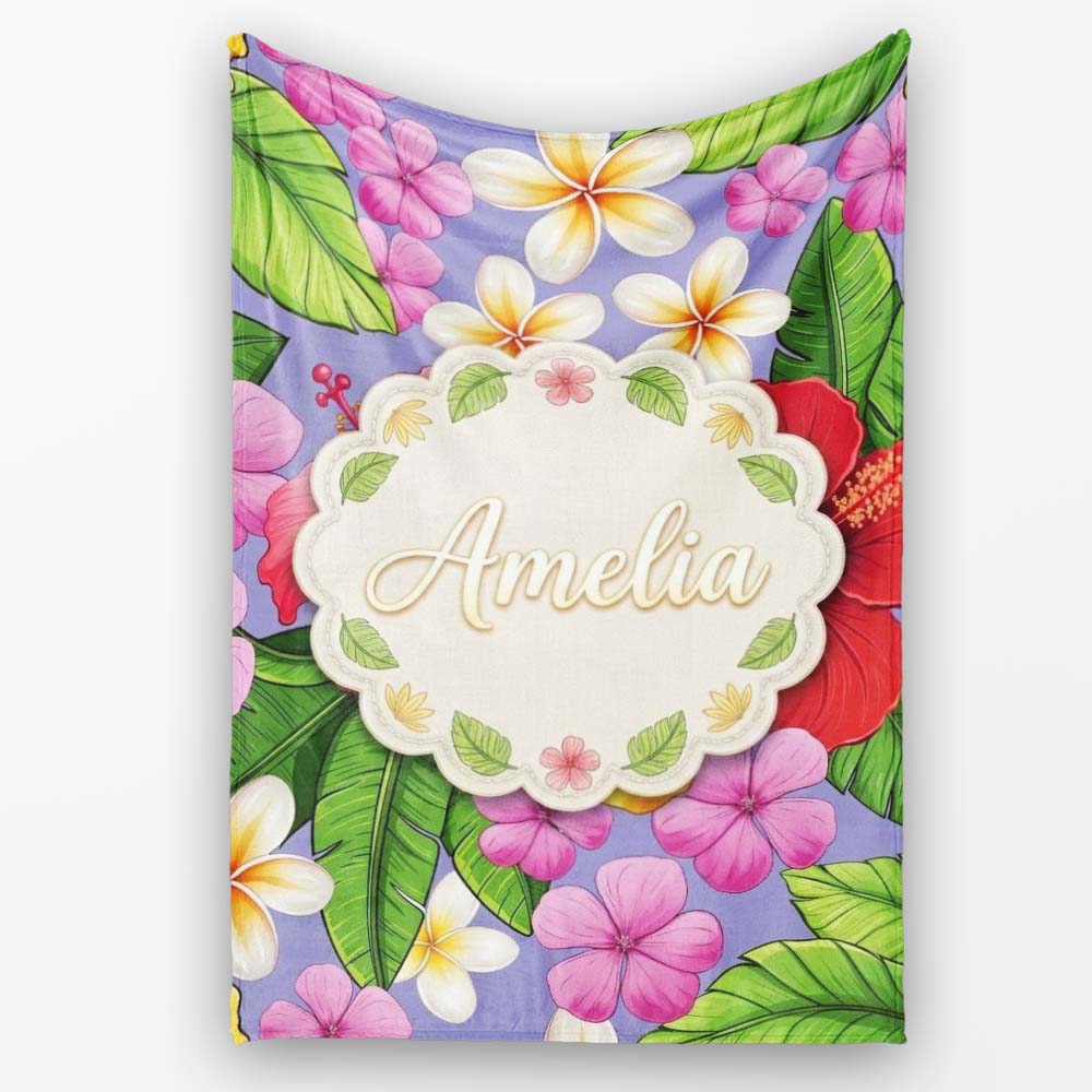 Tropical Hibiscus Flowers Purple Background Plumeria Leaves  Personalised Custom Name Super Soft Fleece Blanket Bed Sofa Throw