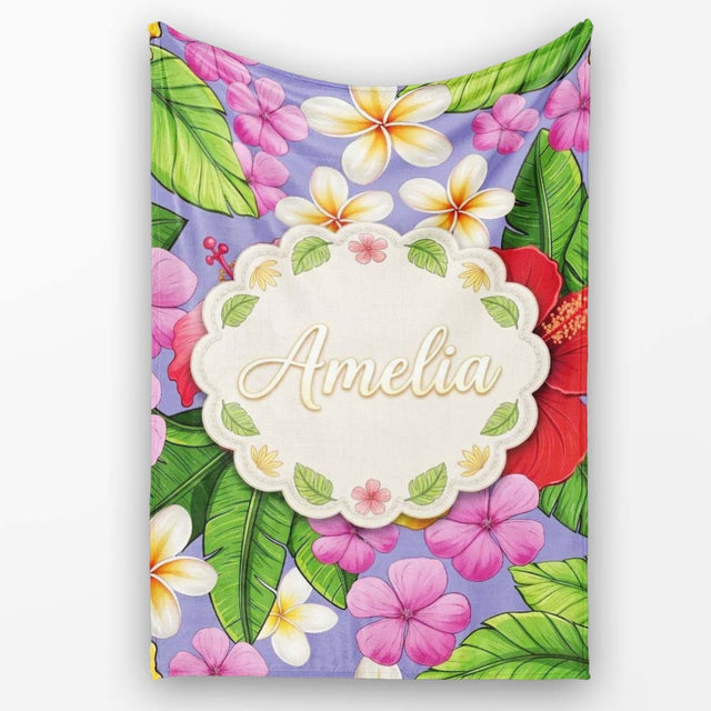 Tropical Hibiscus Flowers Purple Background Plumeria Leaves  Personalised Custom Name Super Soft Fleece Blanket Bed Sofa Throw