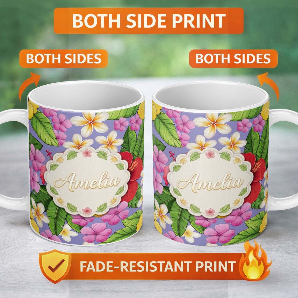 Personalized Custom Name Tropical Hibiscus Flowers Purple Background Plumeria Leaves 11oz Ceramic Coffee Tea Mug White Large Handle