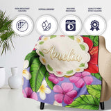 Tropical Hibiscus Flowers Purple Background Plumeria Leaves  Personalised Custom Name Super Soft Fleece Blanket Bed Sofa Throw