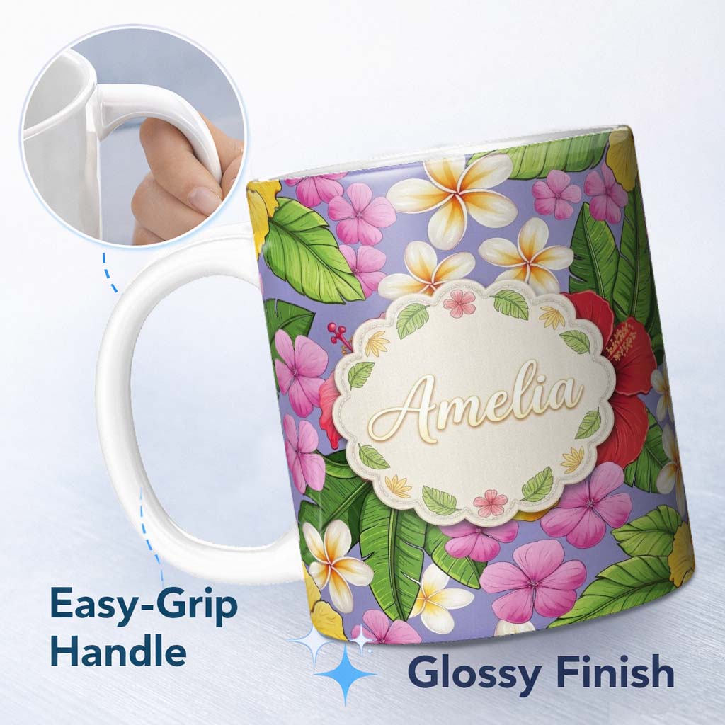 Personalized Custom Name Tropical Hibiscus Flowers Purple Background Plumeria Leaves 11oz Ceramic Coffee Tea Mug White Large Handle