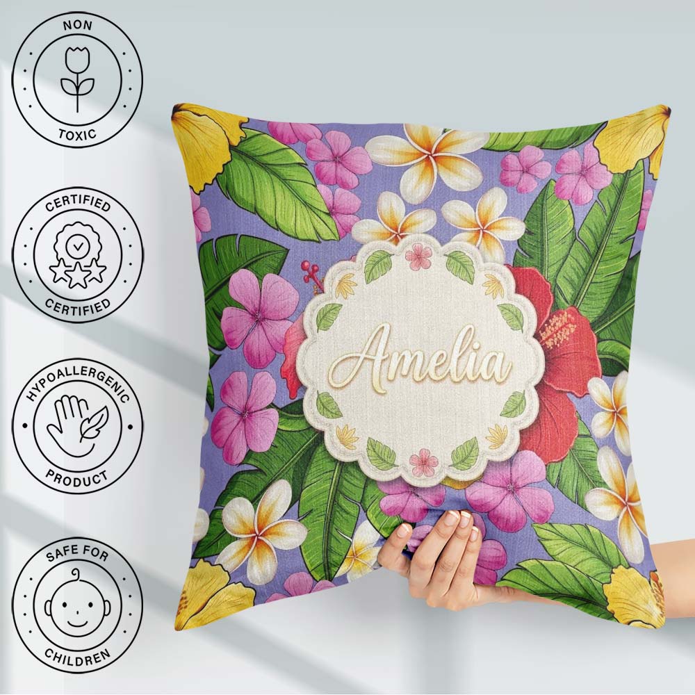 Custom Name Tropical Hibiscus Flowers Purple Background Plumeria Square Filled Cushion Throw Pillow Sofa Bed Home Decor Zip Washable UK Made