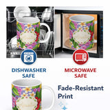 Personalized Custom Name Tropical Hibiscus Flowers Purple Background Plumeria Leaves 11oz Ceramic Coffee Tea Mug White Large Handle