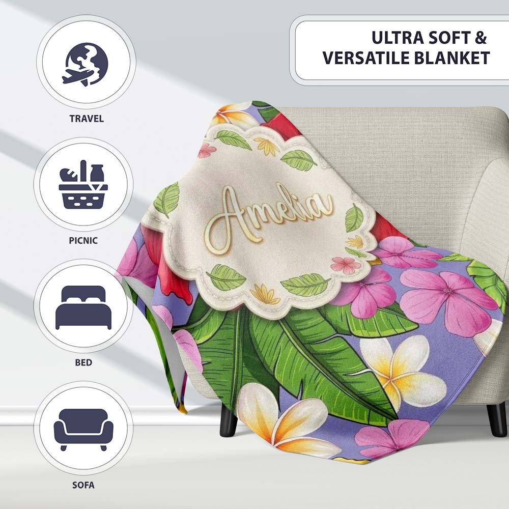 Tropical Hibiscus Flowers Purple Background Plumeria Leaves  Personalised Custom Name Super Soft Fleece Blanket Bed Sofa Throw