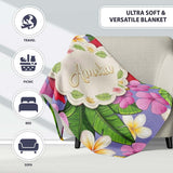 Tropical Hibiscus Flowers Purple Background Plumeria Leaves  Personalised Custom Name Super Soft Fleece Blanket Bed Sofa Throw