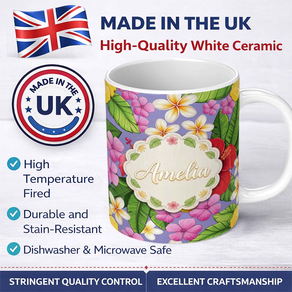 Personalized Custom Name Tropical Hibiscus Flowers Purple Background Plumeria Leaves 11oz Ceramic Coffee Tea Mug White Large Handle