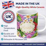 Personalized Custom Name Tropical Hibiscus Flowers Purple Background Plumeria Leaves 11oz Ceramic Coffee Tea Mug White Large Handle