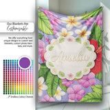 Tropical Hibiscus Flowers Purple Background Plumeria Leaves  Personalised Custom Name Super Soft Fleece Blanket Bed Sofa Throw