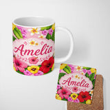 Personalized Custom Name Tropical Hibiscus Flowers Pink Background Plumeria Leaves Seamless 11oz Ceramic Coffee Tea Mug White Large Handle
