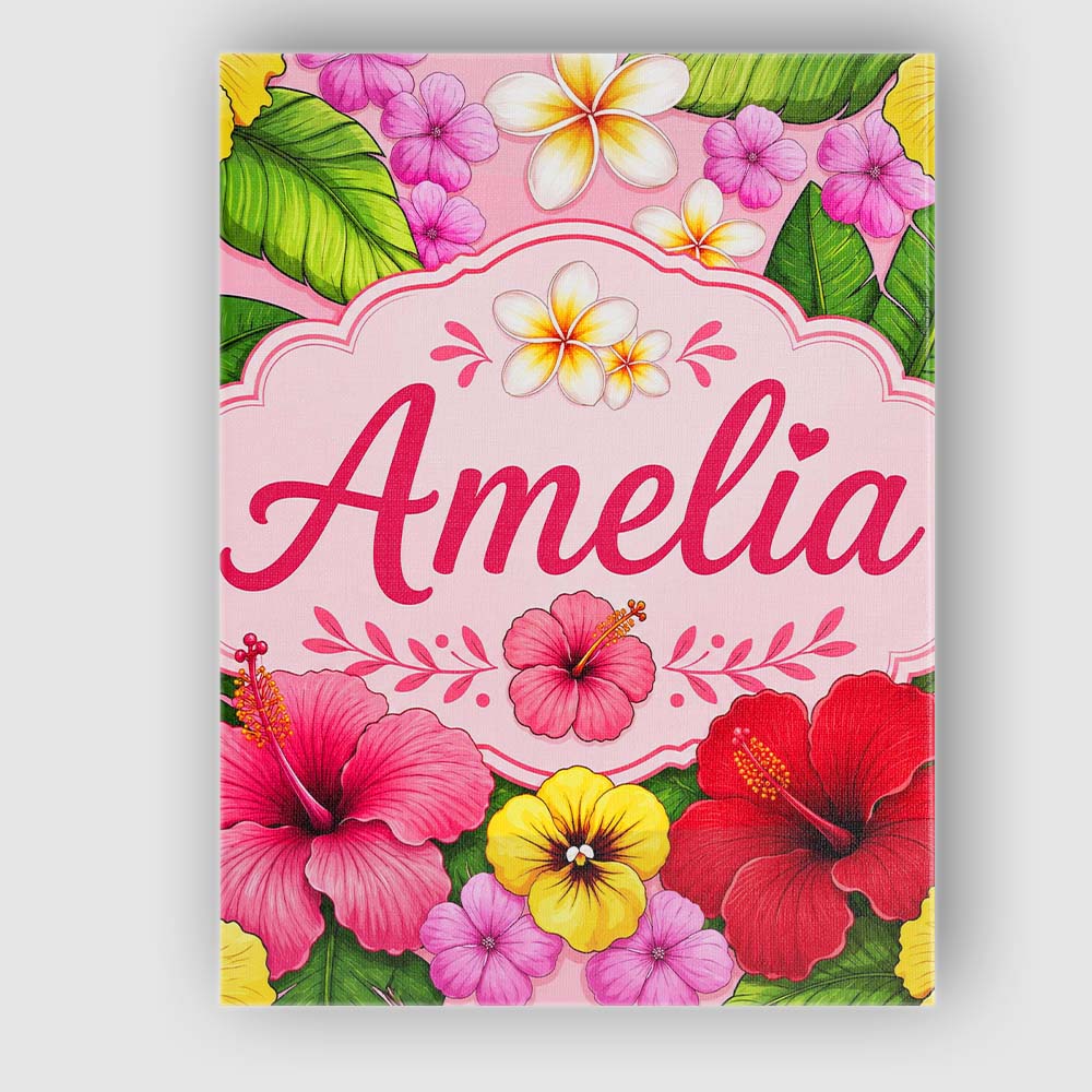 Personalised Name Tropical Hibiscus Flowers Custom  Bespoke Interior Contemporary Canvas Wall Art Print Decor Picture Ready to Hang
