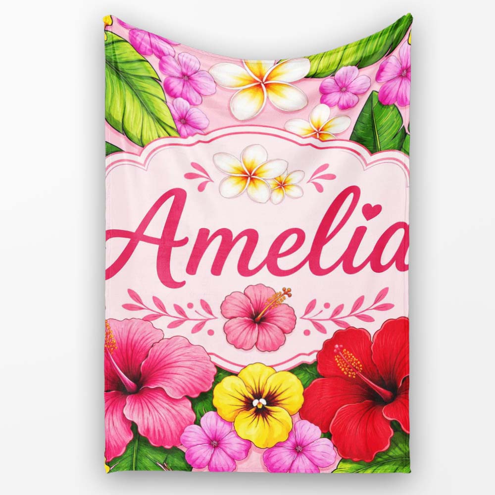 Tropical Hibiscus Flowers Pink Background Plumeria Leaves Seamless  Personalised Custom Name Super Soft Fleece Blanket Bed Sofa Throw