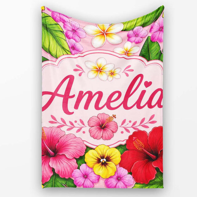 Tropical Hibiscus Flowers Pink Background Plumeria Leaves Seamless  Personalised Custom Name Super Soft Fleece Blanket Bed Sofa Throw