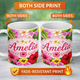 Personalized Custom Name Tropical Hibiscus Flowers Pink Background Plumeria Leaves Seamless 11oz Ceramic Coffee Tea Mug White Large Handle