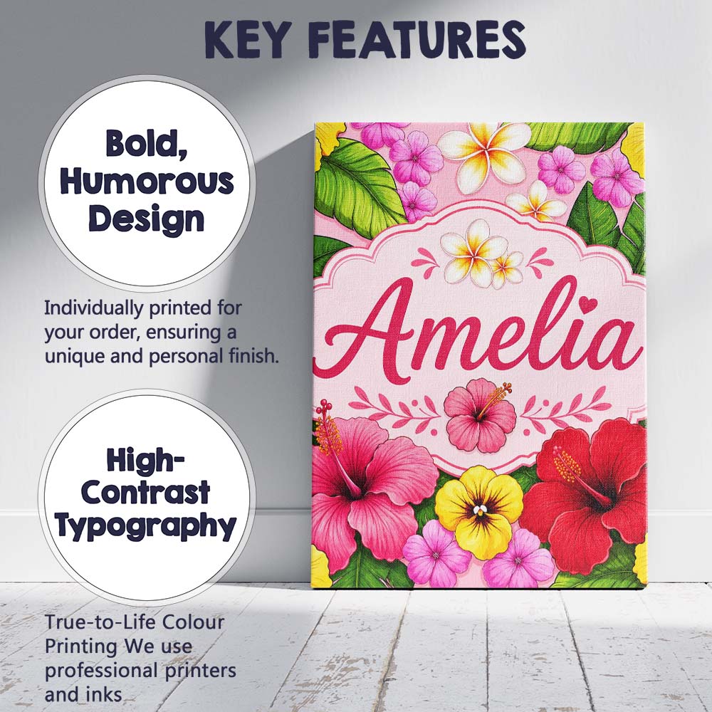 Personalised Name Tropical Hibiscus Flowers Custom  Bespoke Interior Contemporary Canvas Wall Art Print Decor Picture Ready to Hang
