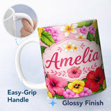 Personalized Custom Name Tropical Hibiscus Flowers Pink Background Plumeria Leaves Seamless 11oz Ceramic Coffee Tea Mug White Large Handle