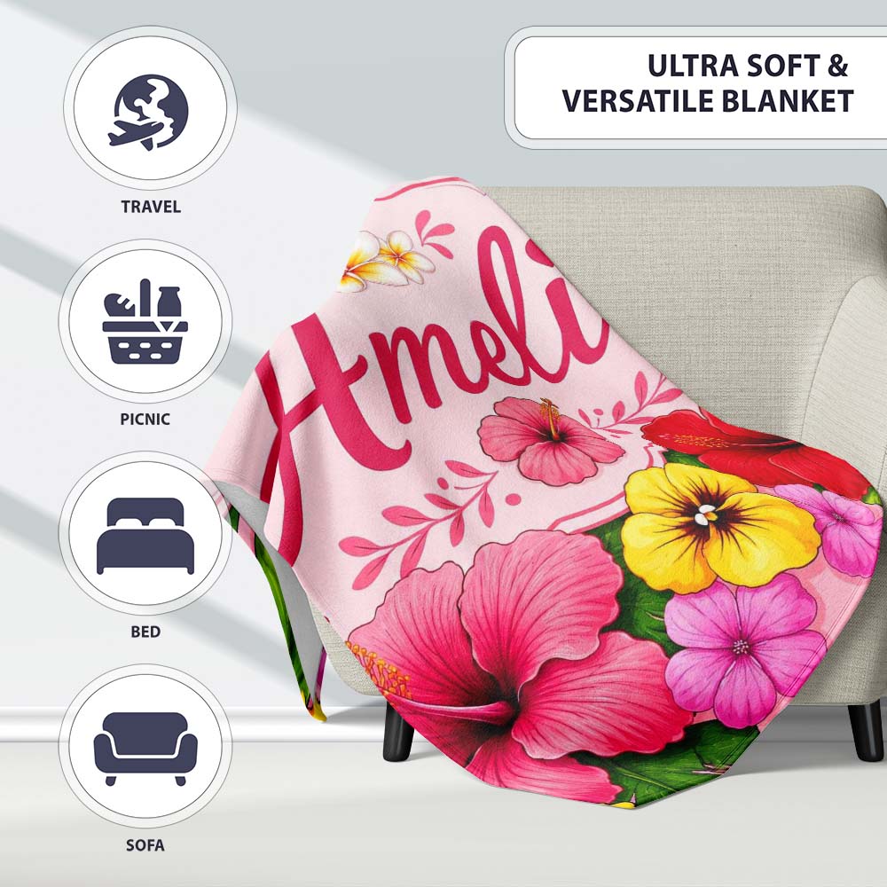 Tropical Hibiscus Flowers Pink Background Plumeria Leaves Seamless  Personalised Custom Name Super Soft Fleece Blanket Bed Sofa Throw