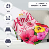 Tropical Hibiscus Flowers Pink Background Plumeria Leaves Seamless  Personalised Custom Name Super Soft Fleece Blanket Bed Sofa Throw