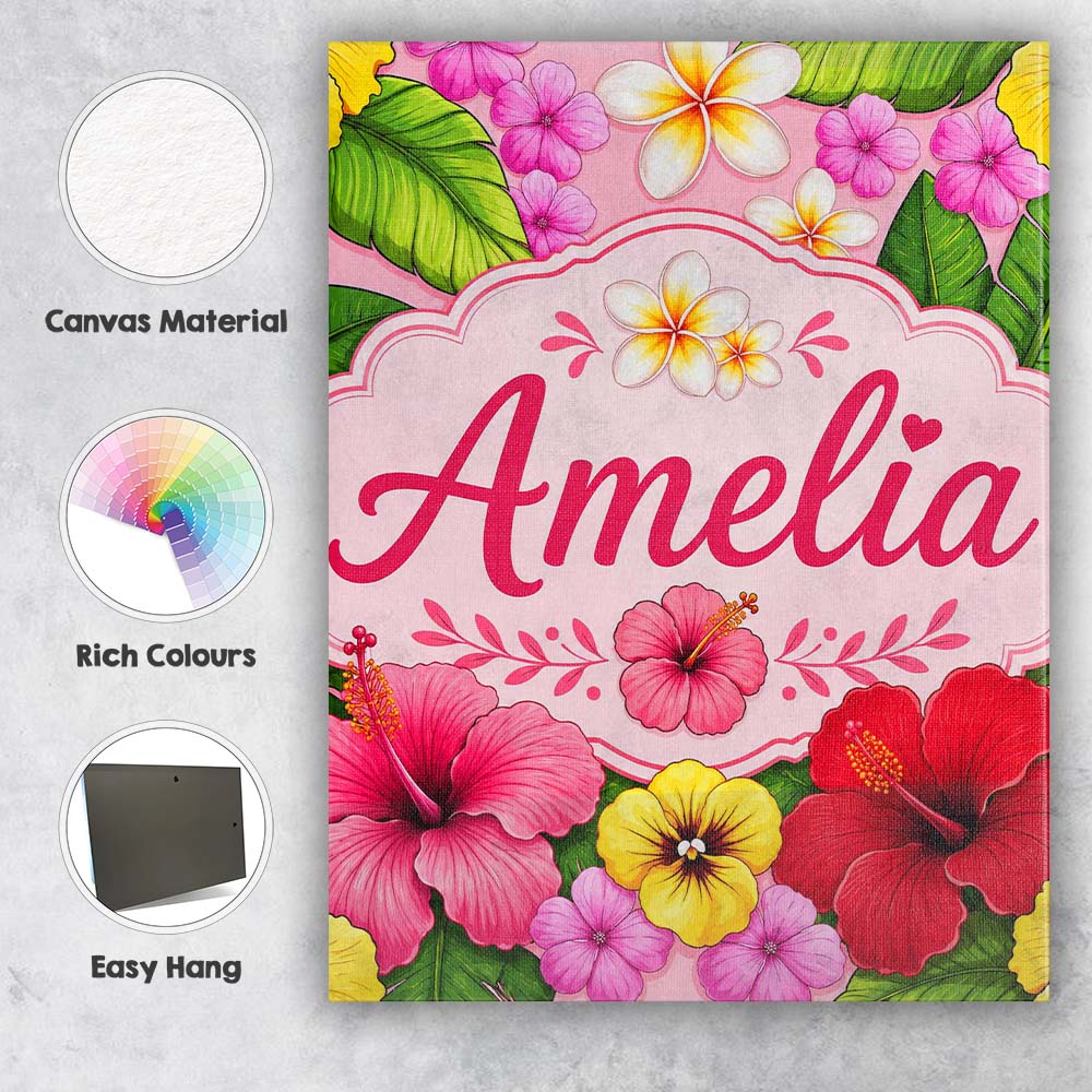 Personalised Name Tropical Hibiscus Flowers Custom  Bespoke Interior Contemporary Canvas Wall Art Print Decor Picture Ready to Hang