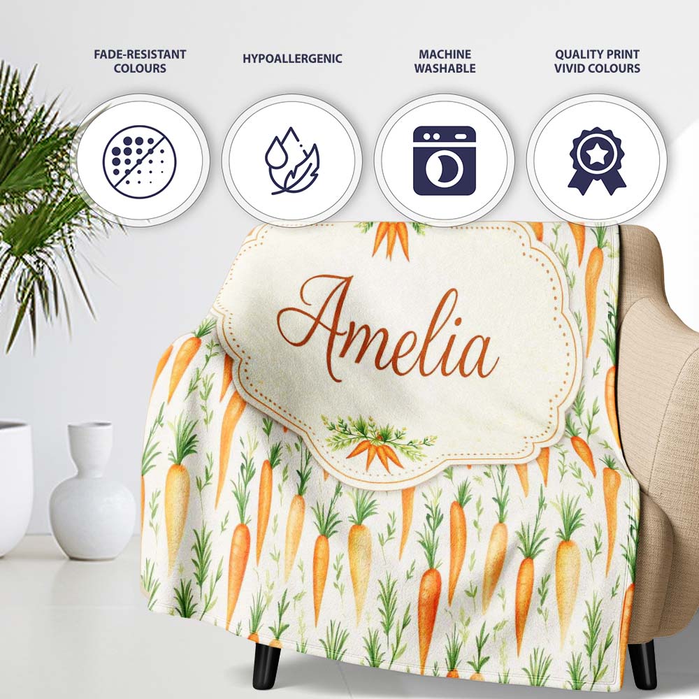 Soft Watercolor Carrot Scatter Fresh Vegetable Seamless Pattern  Personalised Custom Name Super Soft Fleece Blanket Bed Sofa Throw