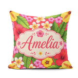 Custom Name Tropical Hibiscus Flowers Background Plumeria Leaves Square Filled Cushion Throw Pillow Sofa Bed Home Decor Zip Washable UK Made
