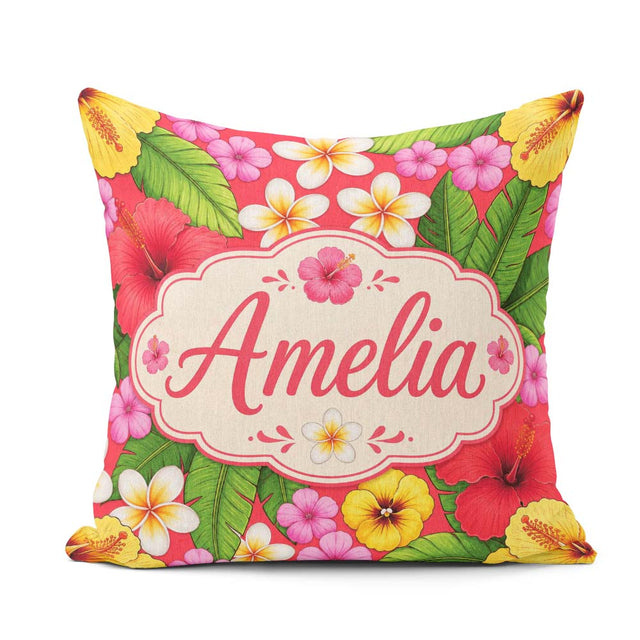 Custom Name Tropical Hibiscus Flowers Background Plumeria Leaves Square Filled Cushion Throw Pillow Sofa Bed Home Decor Zip Washable UK Made