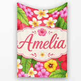 Tropical Hibiscus Flowers Red Background Plumeria Leaves Seamless  Personalised Custom Name Super Soft Fleece Blanket Bed Sofa Throw