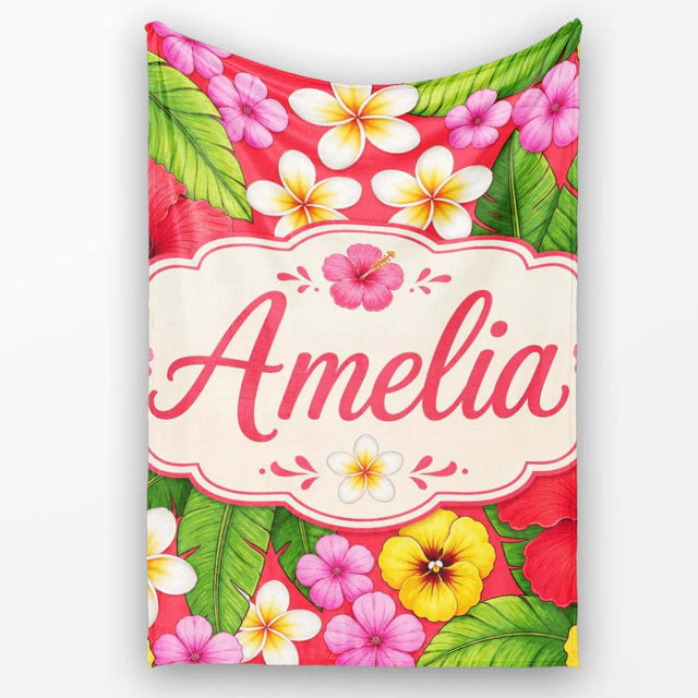Tropical Hibiscus Flowers Red Background Plumeria Leaves Seamless  Personalised Custom Name Super Soft Fleece Blanket Bed Sofa Throw