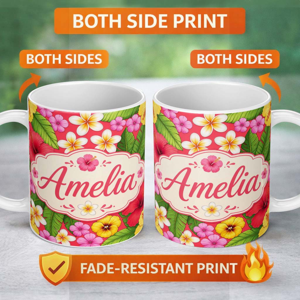 Personalized Custom Name Tropical Hibiscus Flowers Red Background Plumeria Leaves Seamless 11oz Ceramic Coffee Tea Mug White Large Handle