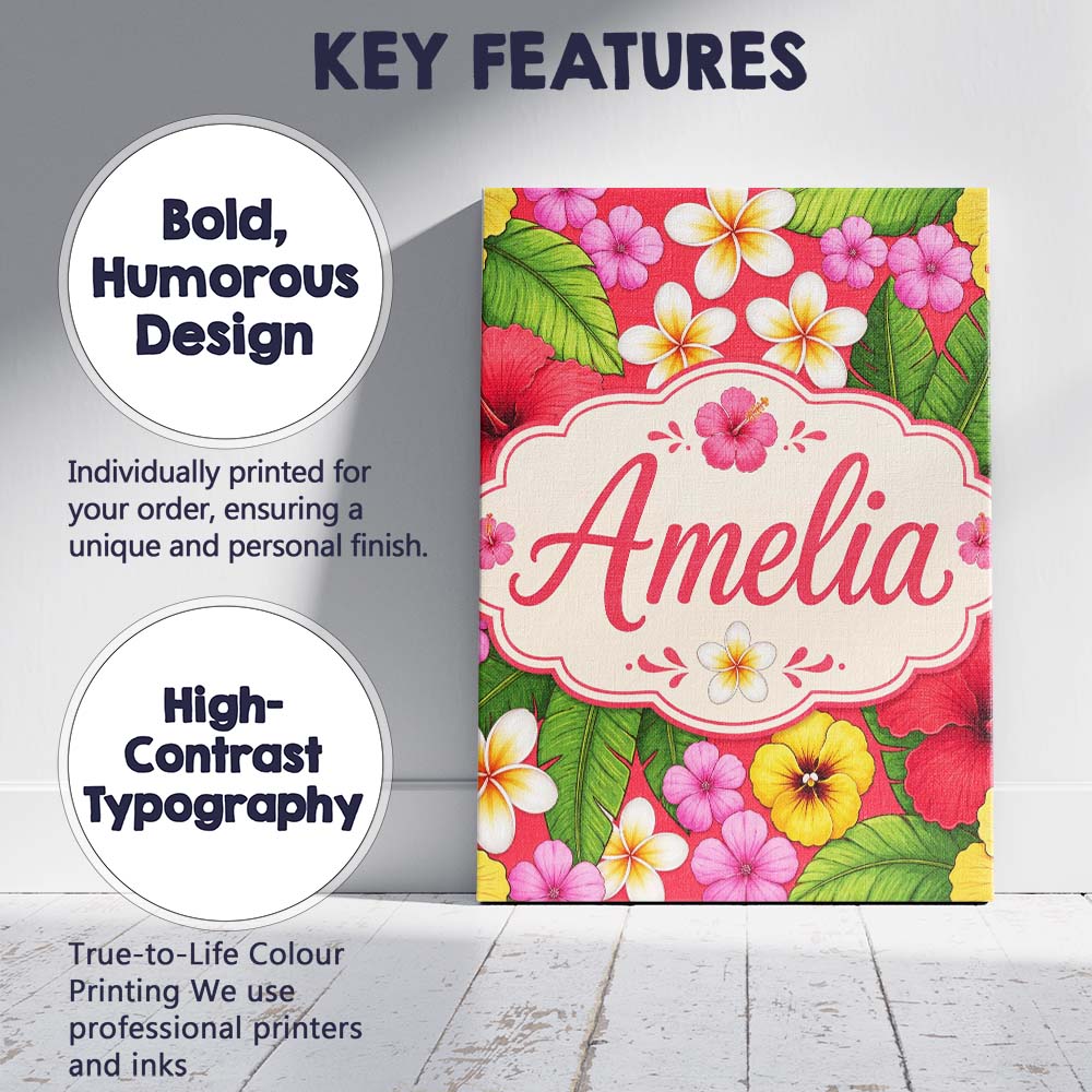 Personalised Name Tropical Hibiscus Flowers Custom  Bespoke Interior Contemporary Canvas Wall Art Print Decor Picture Ready to Hang