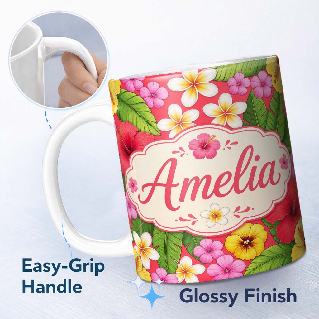 Personalized Custom Name Tropical Hibiscus Flowers Red Background Plumeria Leaves Seamless 11oz Ceramic Coffee Tea Mug White Large Handle
