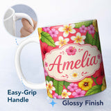 Personalized Custom Name Tropical Hibiscus Flowers Red Background Plumeria Leaves Seamless 11oz Ceramic Coffee Tea Mug White Large Handle