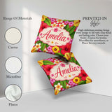Custom Name Tropical Hibiscus Flowers Background Plumeria Leaves Square Filled Cushion Throw Pillow Sofa Bed Home Decor Zip Washable UK Made