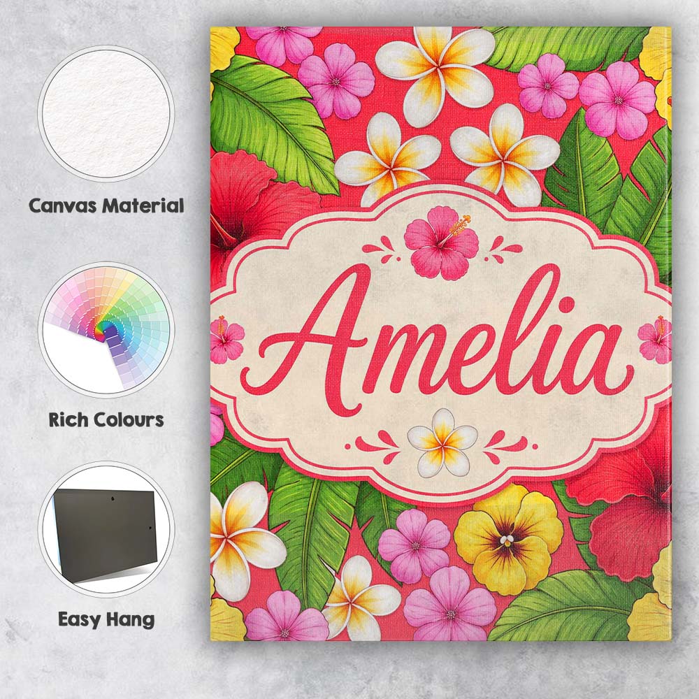 Personalised Name Tropical Hibiscus Flowers Custom  Bespoke Interior Contemporary Canvas Wall Art Print Decor Picture Ready to Hang