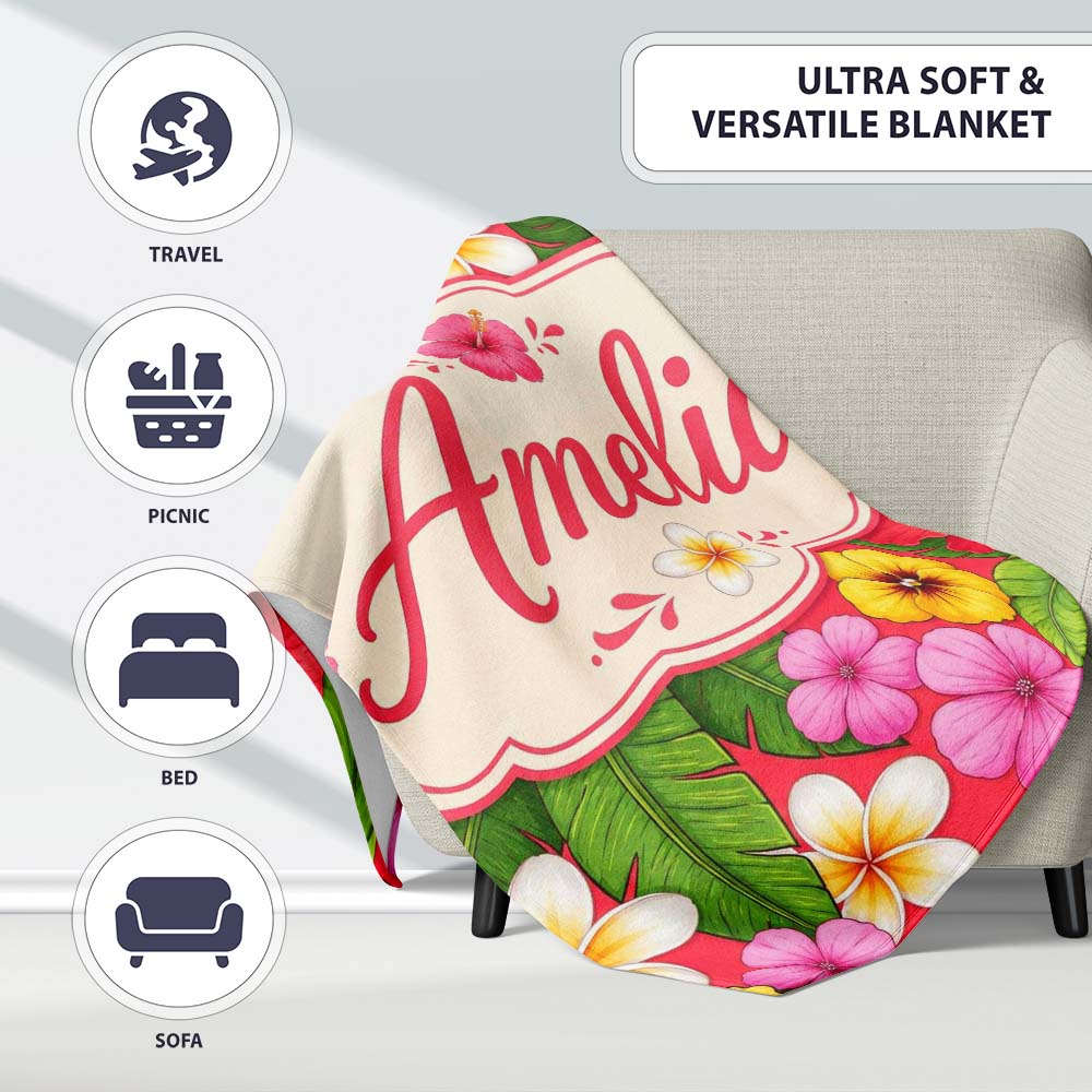 Tropical Hibiscus Flowers Red Background Plumeria Leaves Seamless  Personalised Custom Name Super Soft Fleece Blanket Bed Sofa Throw