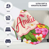 Tropical Hibiscus Flowers Red Background Plumeria Leaves Seamless  Personalised Custom Name Super Soft Fleece Blanket Bed Sofa Throw
