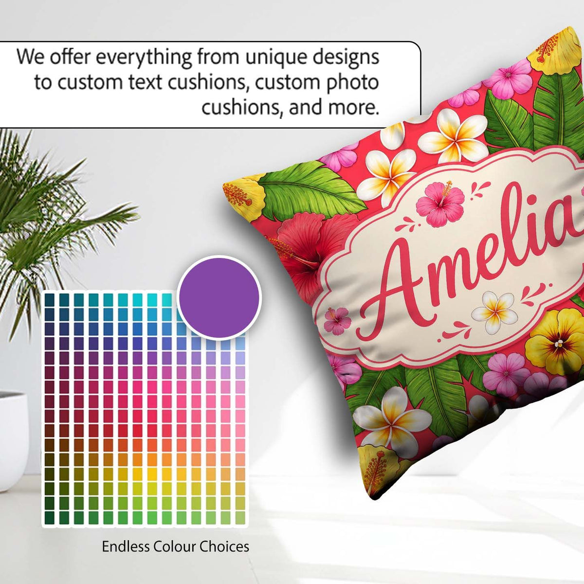 Custom Name Tropical Hibiscus Flowers Background Plumeria Leaves Square Filled Cushion Throw Pillow Sofa Bed Home Decor Zip Washable UK Made