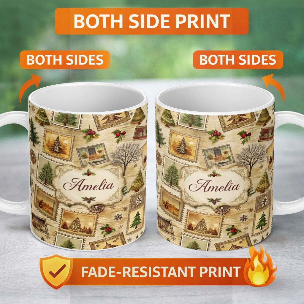 Personalized Custom Name Vintage Framed Winter Landscapes Christmas Trees and Rustic Holiday 11oz Ceramic Coffee Tea Mug White Large Handle