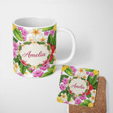 Personalized Custom Name Tropical Hibiscus Flowers White Background Plumeria Leaves Seamless 11oz Ceramic Coffee Tea Mug White Large Handle