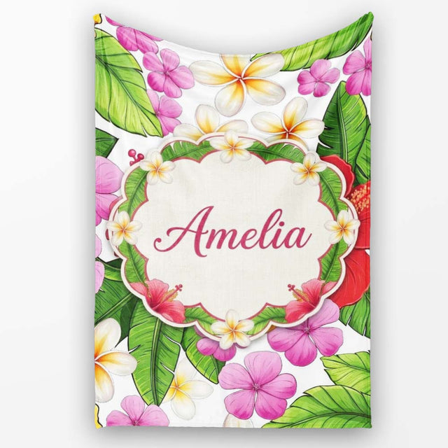 Tropical Hibiscus Flowers White Background Plumeria Leaves Seamless  Personalised Custom Name Super Soft Fleece Blanket Bed Sofa Throw