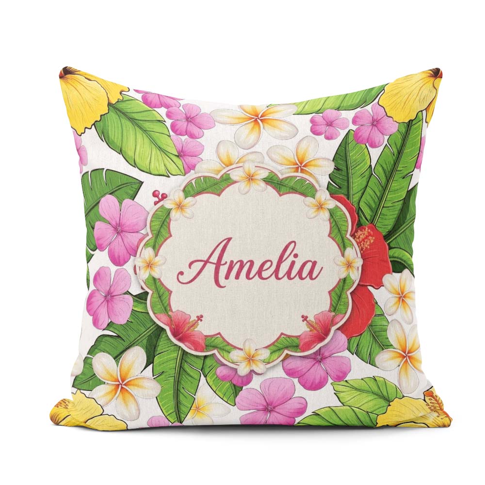Custom Name Tropical Hibiscus Flowers Background Plumeria Leaves Square Filled Cushion Throw Pillow Sofa Bed Home Decor Zip Washable UK Made