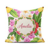 Custom Name Tropical Hibiscus Flowers Background Plumeria Leaves Square Filled Cushion Throw Pillow Sofa Bed Home Decor Zip Washable UK Made