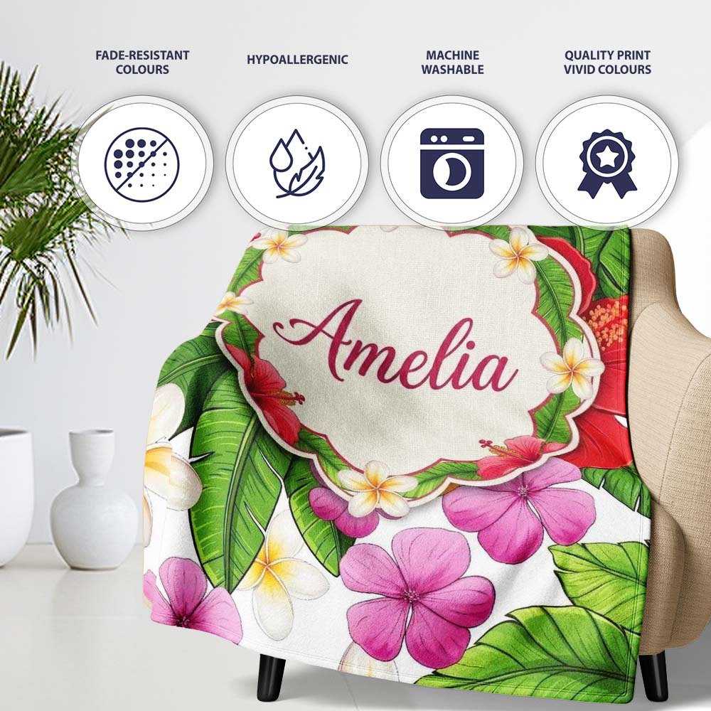 Tropical Hibiscus Flowers White Background Plumeria Leaves Seamless  Personalised Custom Name Super Soft Fleece Blanket Bed Sofa Throw