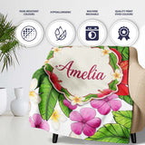 Tropical Hibiscus Flowers White Background Plumeria Leaves Seamless  Personalised Custom Name Super Soft Fleece Blanket Bed Sofa Throw