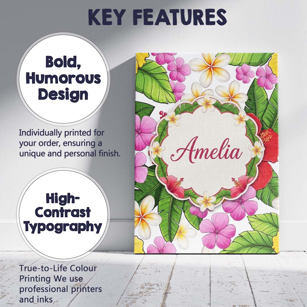 Personalised Name Tropical Hibiscus Flowers Custom  Bespoke Interior Contemporary Canvas Wall Art Print Decor Picture Ready to Hang
