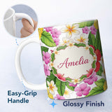 Personalized Custom Name Tropical Hibiscus Flowers White Background Plumeria Leaves Seamless 11oz Ceramic Coffee Tea Mug White Large Handle